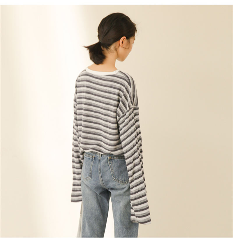 韓国風おしゃれ白柄シャツ カジュアルボーダートップス