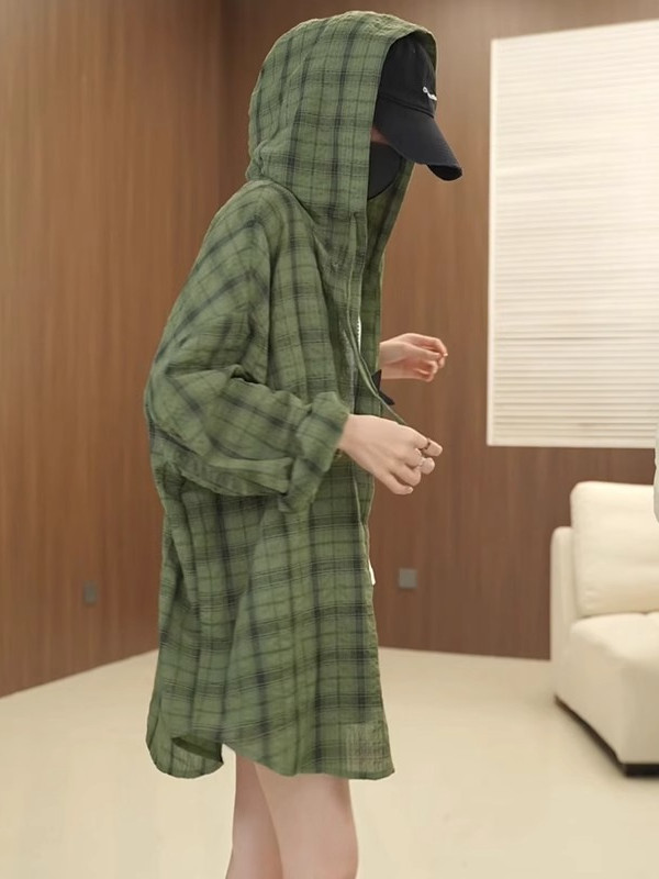 柄シャツ フード付きオーバーサイズチェック柄シャツ