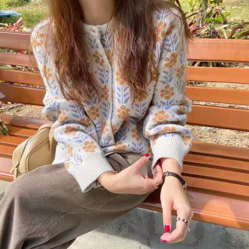花柄シャツ風ニットカーディガン レトロ調長袖羽織り