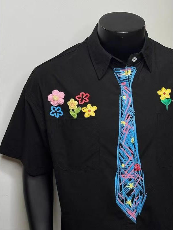 柄シャツ 花刺繍ネクタイデザイン半袖シャツ
