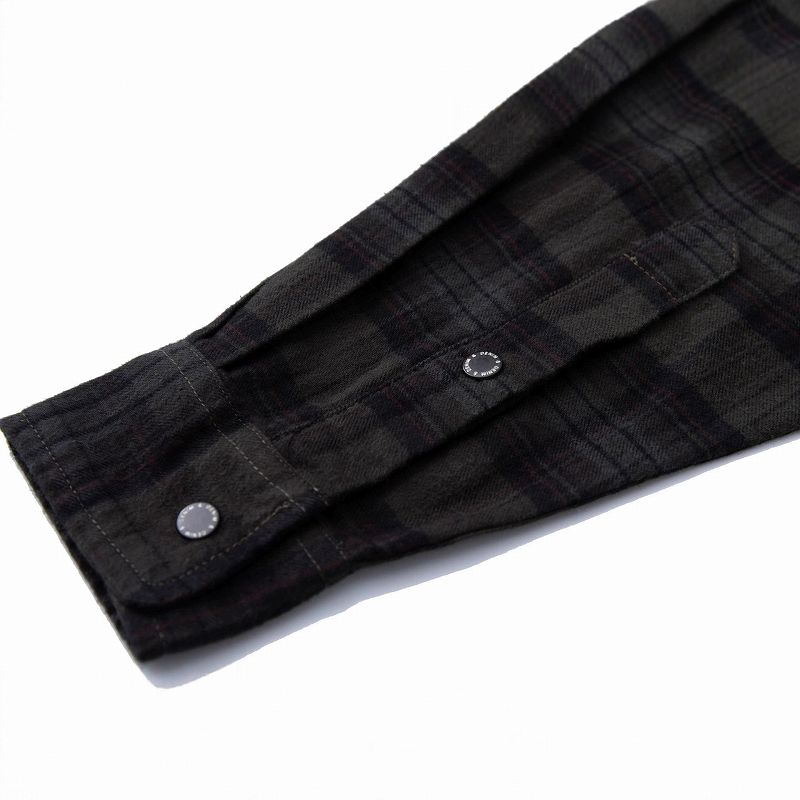 男女兼用チェック柄シャツ カーキ系秋冬カジュアル