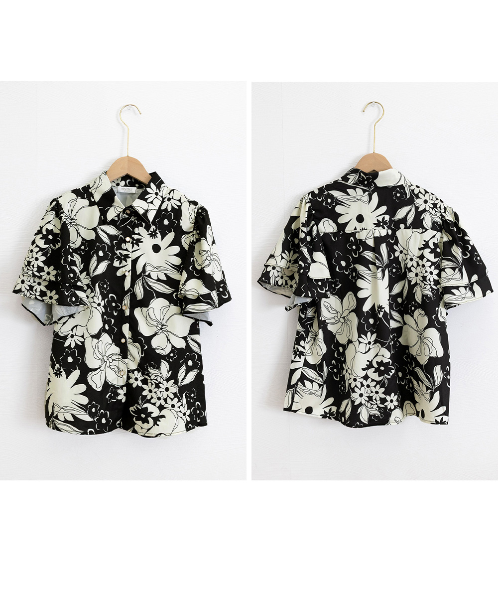 華やか花柄シャツ 二重フレア袖ブラウス