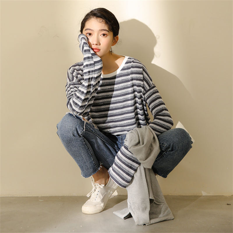 韓国風おしゃれ白柄シャツ カジュアルボーダートップス