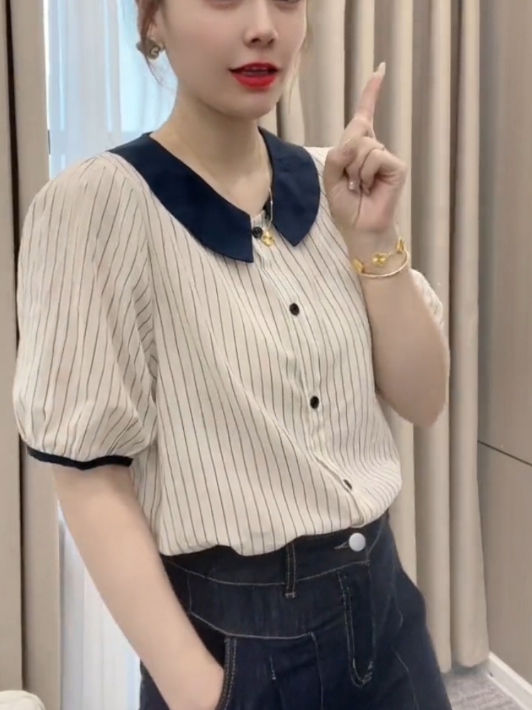 柄シャツ 優雅な襟付きストライプブラウス