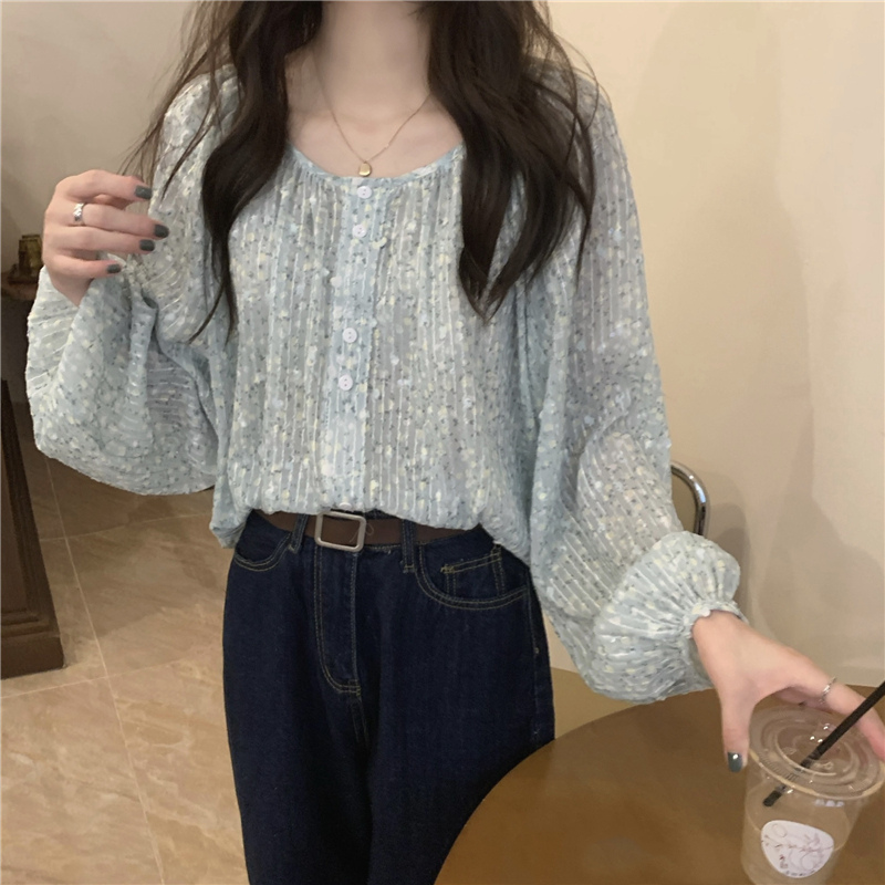 韓国風花柄シャツ長袖ブラウス上品ラウンドネック