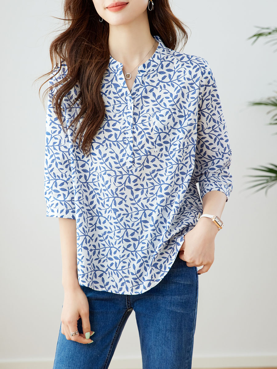 柄シャツ 柄シャツ 葉模様のスタンドカラーブラウス