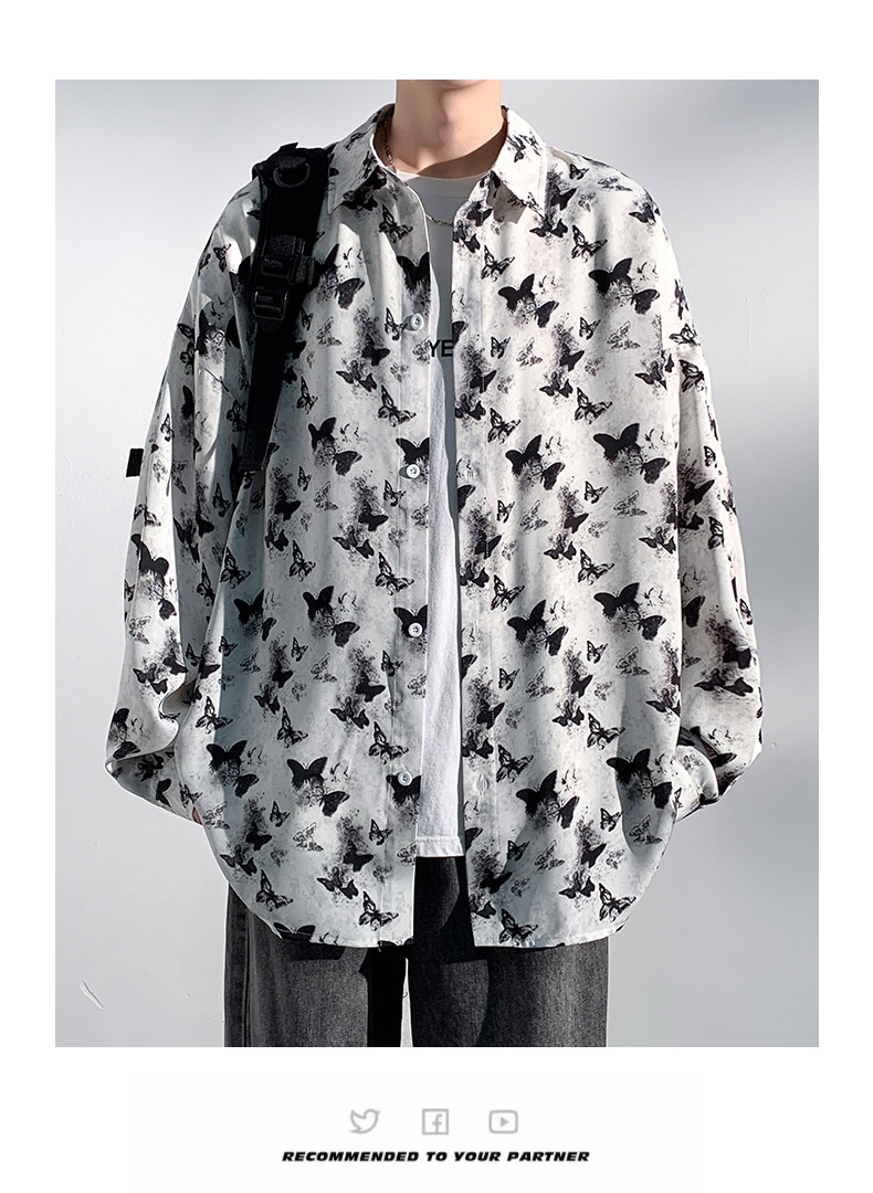 柄シャツ 蝶々舞う総柄長袖開襟シャツ