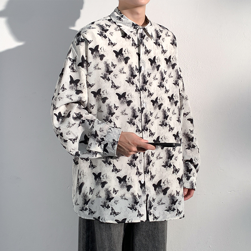 柄シャツ 蝶々舞う総柄長袖開襟シャツ