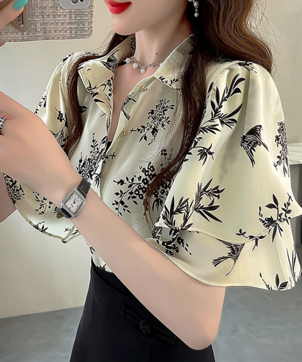 華やか花柄シャツ 二重フレア袖ブラウス