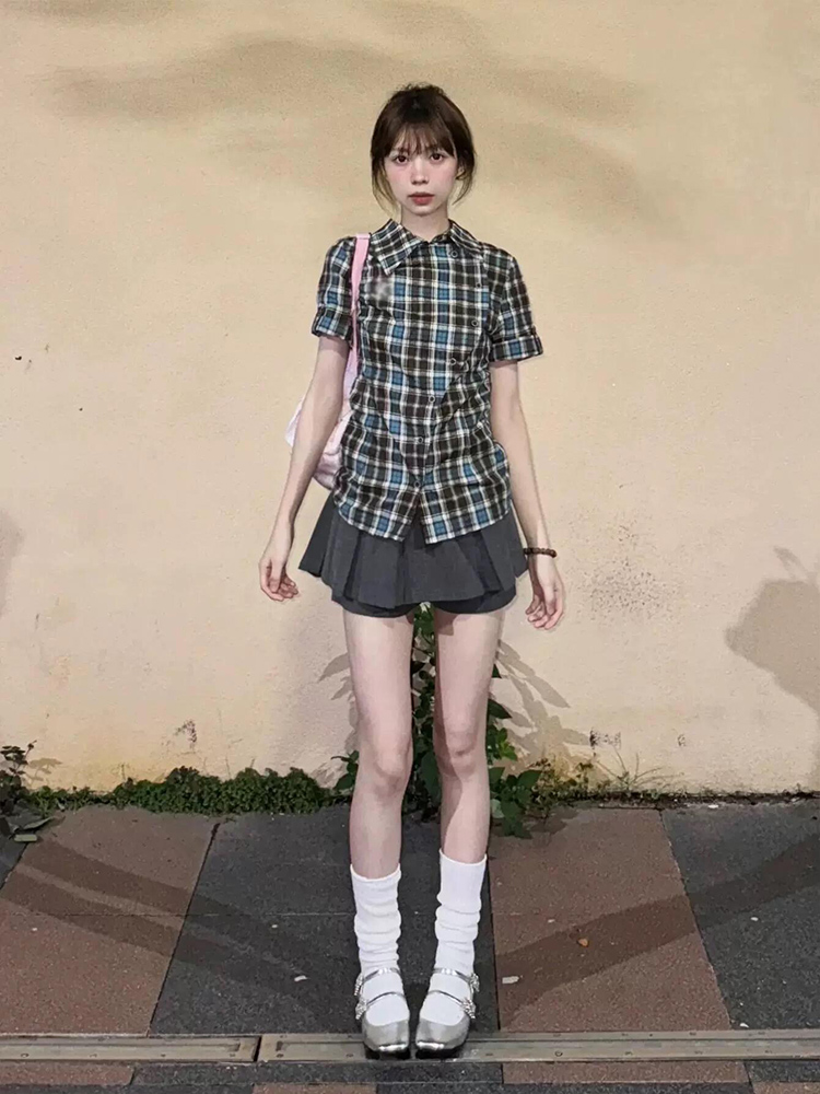 柄シャツ 柄シャツ 爽やか格子模様 半袖シャツ