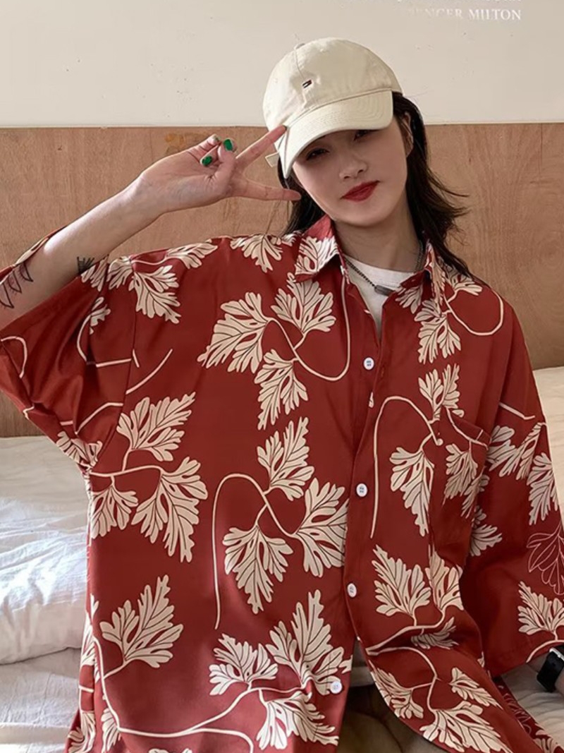 柄シャツ 葉脈デザイン風雅な半袖シャツ