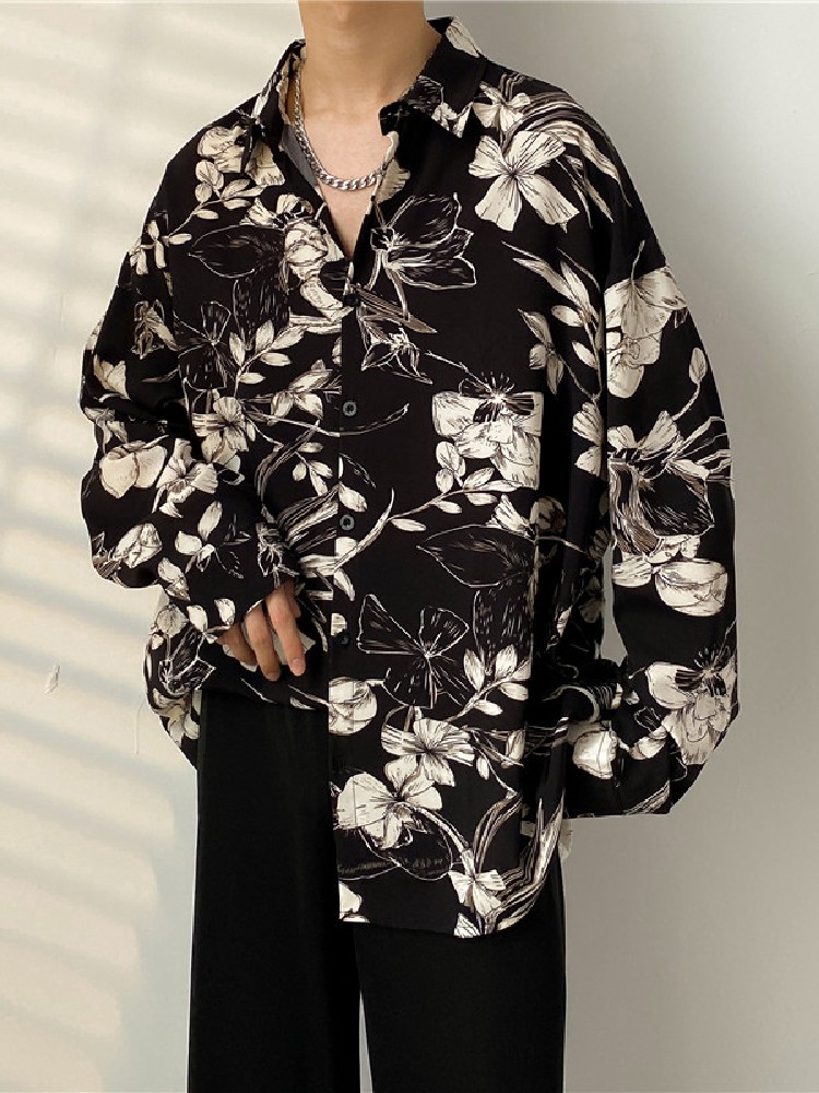 柄シャツ 柄シャツ 優雅花模様オープンカラーシャツ