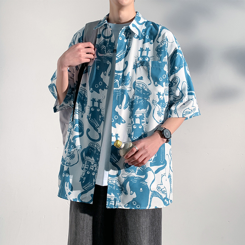 柄シャツ 和風妖怪総柄プリント開襟五分袖シャツ