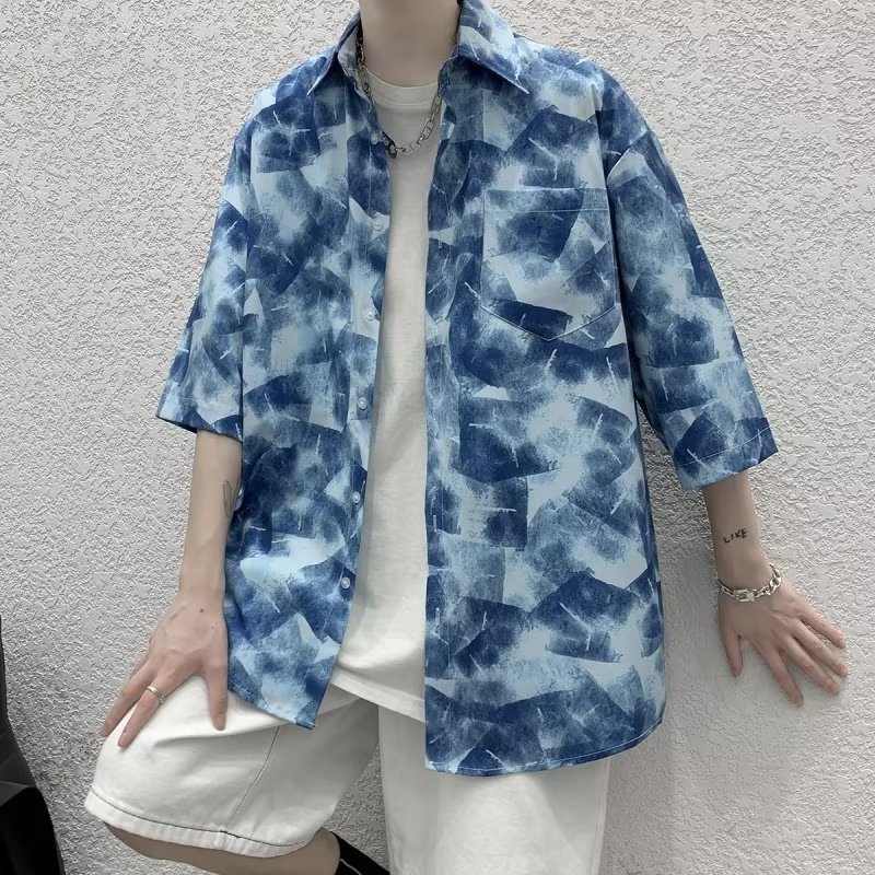 柄シャツ 抽象タイル風幾何学模様開襟五分袖総柄シャツ