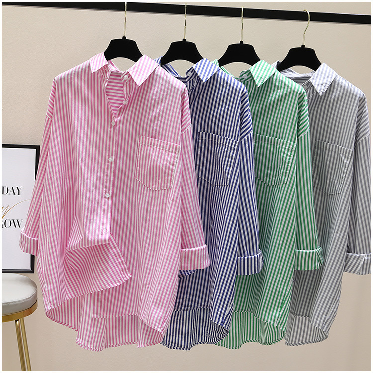 白柄シャツ ストライプ長袖ブラウス 体型カバーロング丈