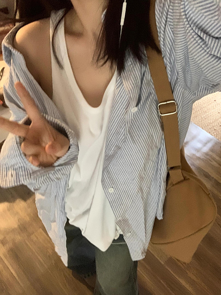 柄シャツ 柄シャツ 爽やか細ストライプゆったりシャツ