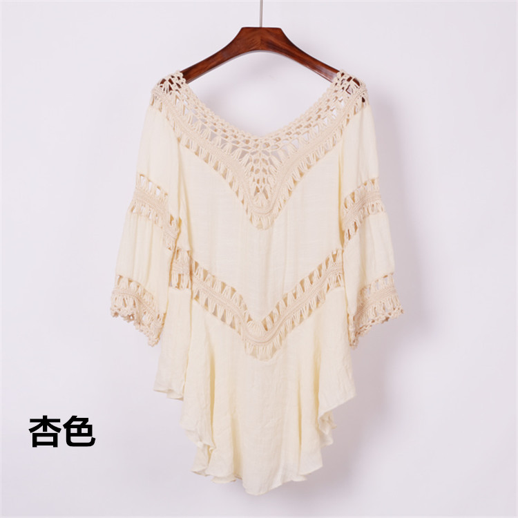 透かし編み 白柄シャツ リゾート 夏向け フレアトップス
