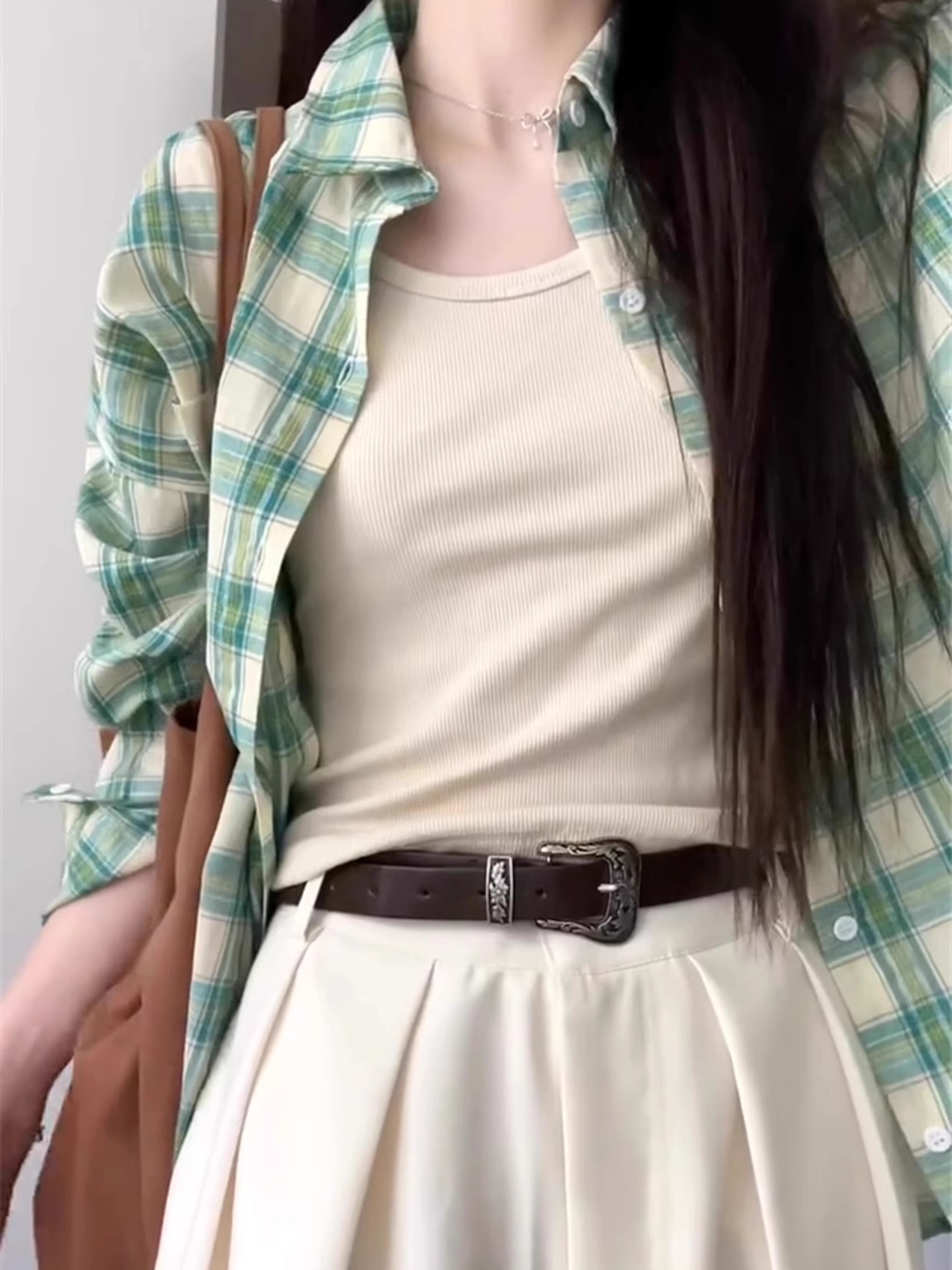 柄シャツ 柄シャツ 爽やか格子模様オーバーサイズシャツ