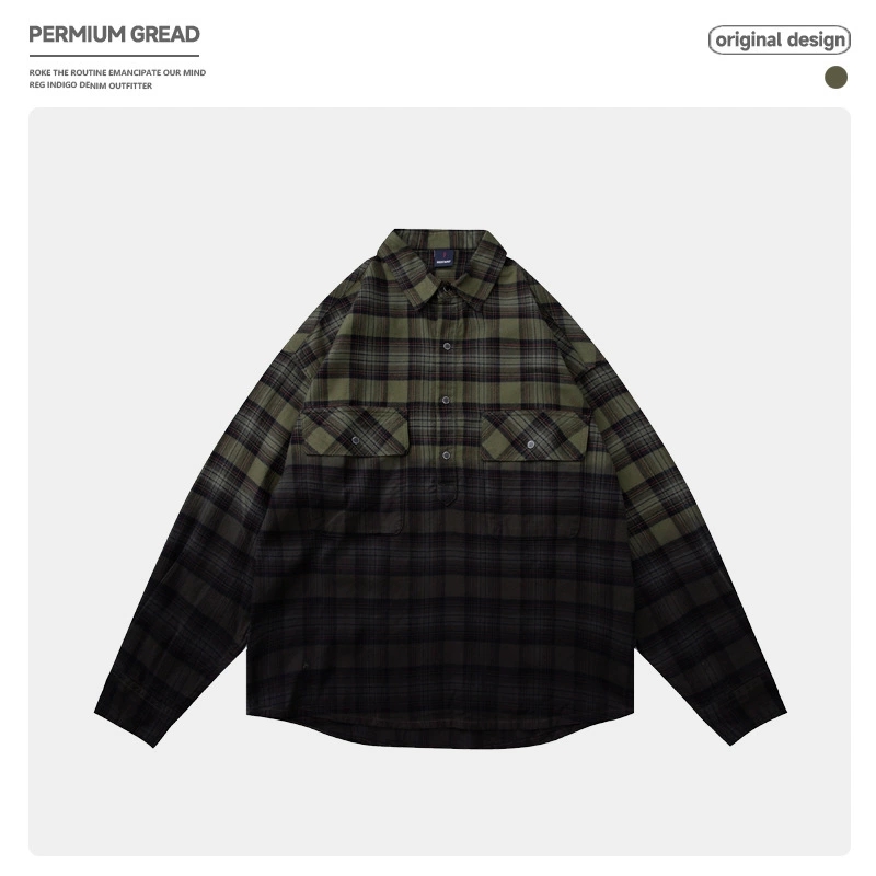 男女兼用チェック柄シャツ カーキ系秋冬カジュアル