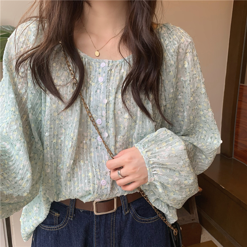 韓国風花柄シャツ長袖ブラウス上品ラウンドネック
