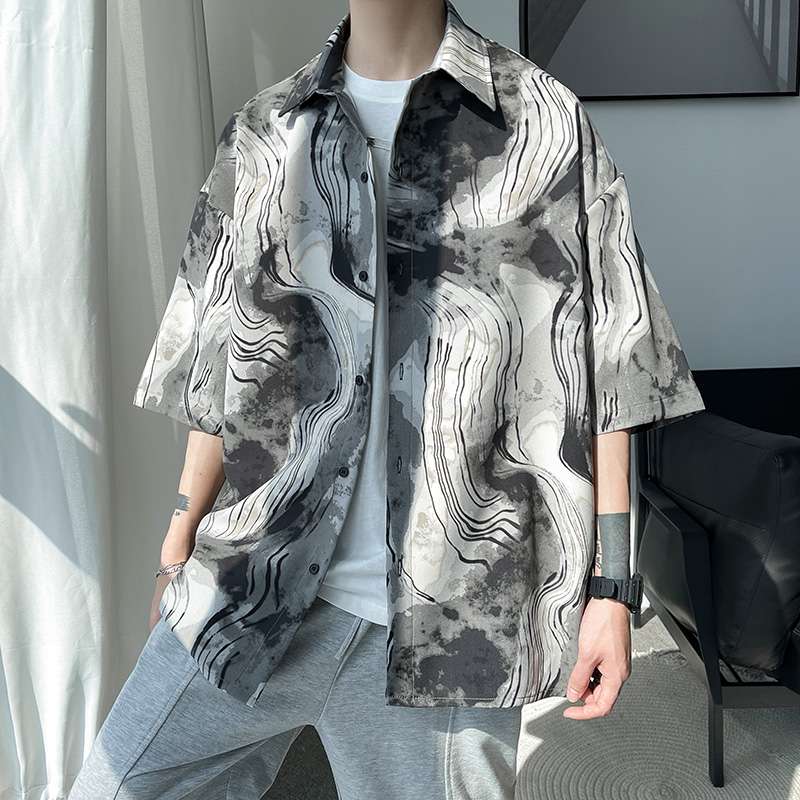 総柄シャツ マーブル波紋総柄半袖シャツ
