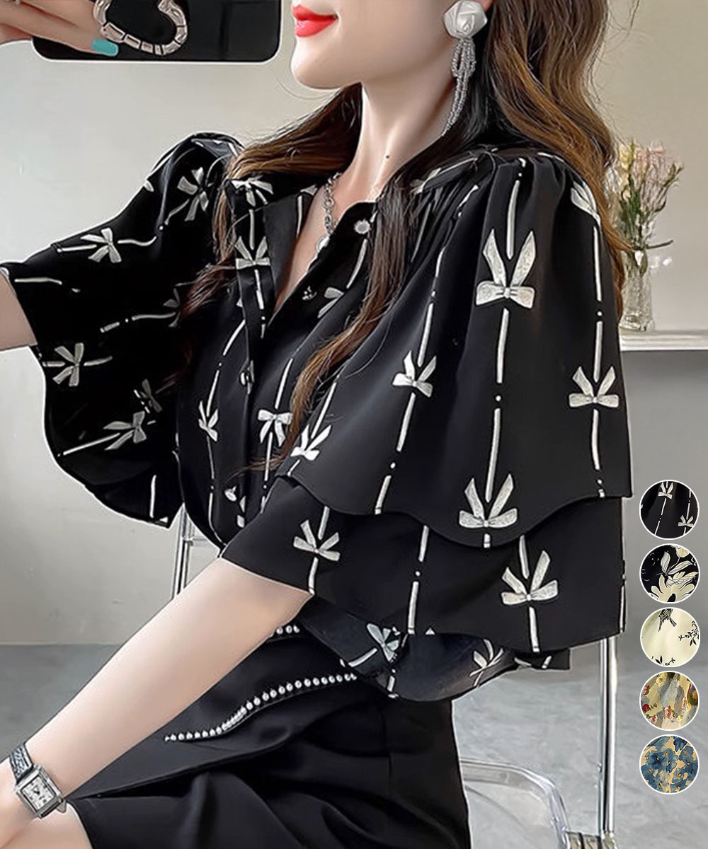 華やか花柄シャツ 二重フレア袖ブラウス