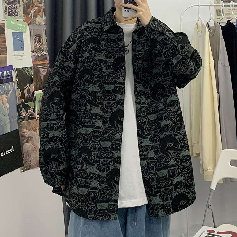 総柄シャツ カジュアル動物キャラクター総柄オーバーシャツ
