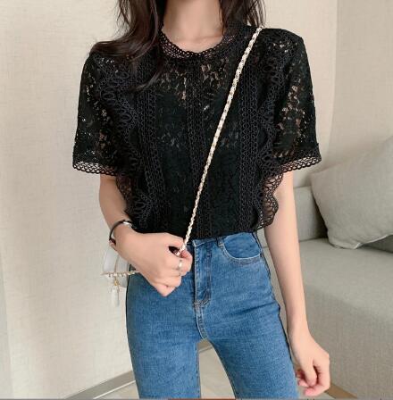 上品レース 白柄シャツ 半袖ブラウス 全4色