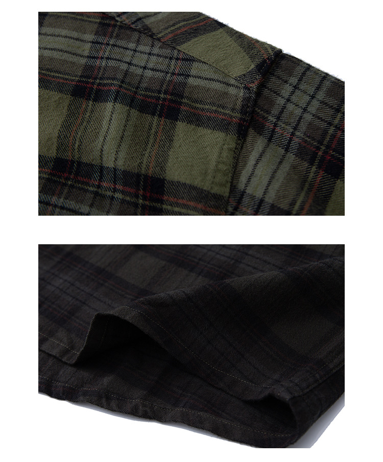 男女兼用チェック柄シャツ カーキ系秋冬カジュアル