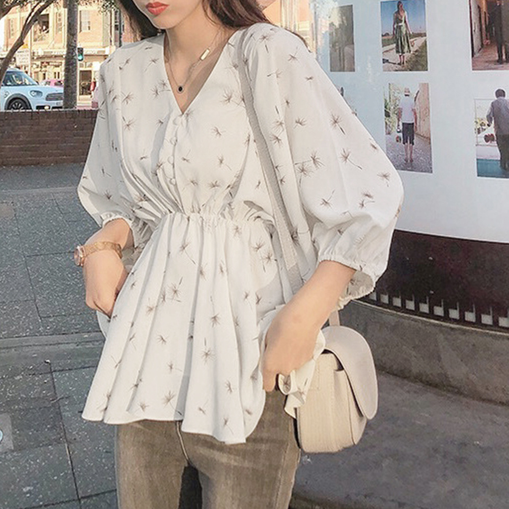 たんぽぽ柄 フレアシャツブラウス 夏服 花柄シャツ