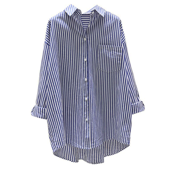 白柄シャツ ストライプ長袖ブラウス 体型カバーロング丈