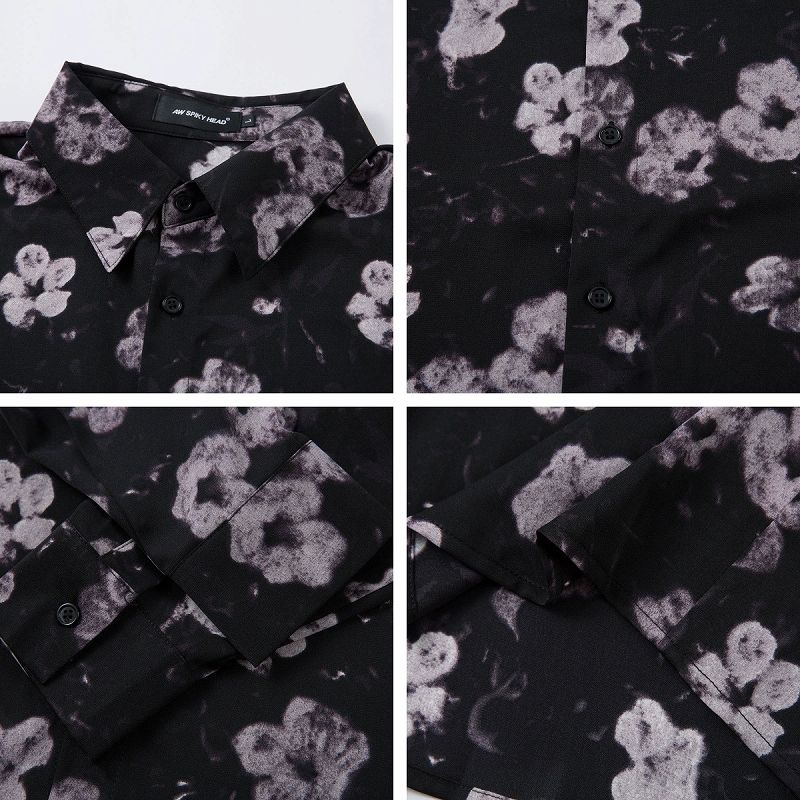 柄シャツ 黒地花柄長袖シャツ男女兼用春秋新作