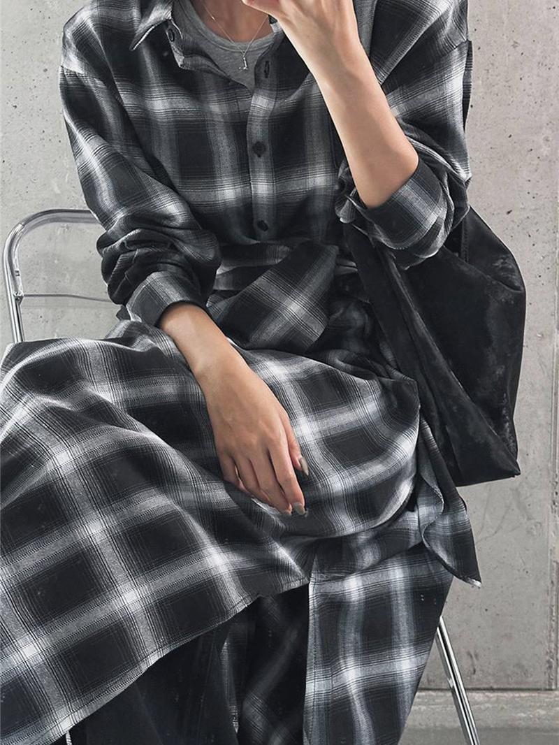 柄シャツ 柄シャツ 流麗モダンロングチェックシャツ