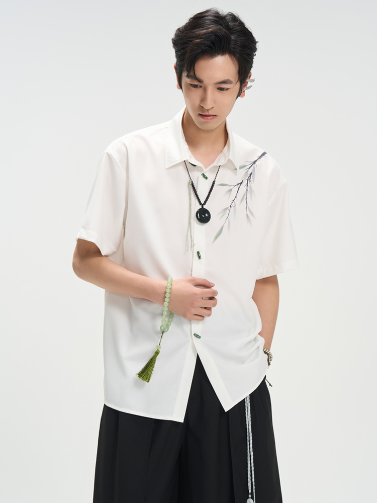 柄シャツ 柄シャツ 繊細枝模様 半袖シャツ