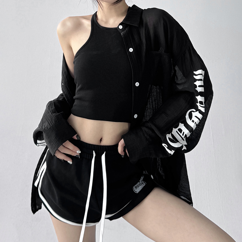 柄シャツ 透け感文字デザイン柄シャツ