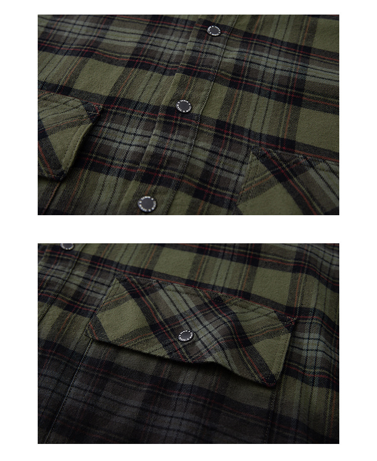 男女兼用チェック柄シャツ カーキ系秋冬カジュアル