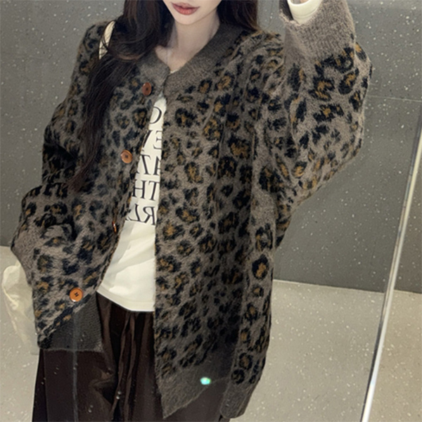ヒョウ柄シャツ カーディガン ニット ボリューム袖 グレー