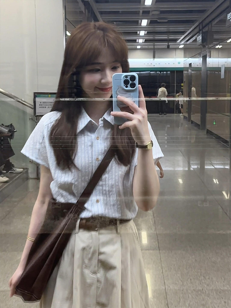 柄シャツ 涼やか縦縞半袖チェック柄シャツ