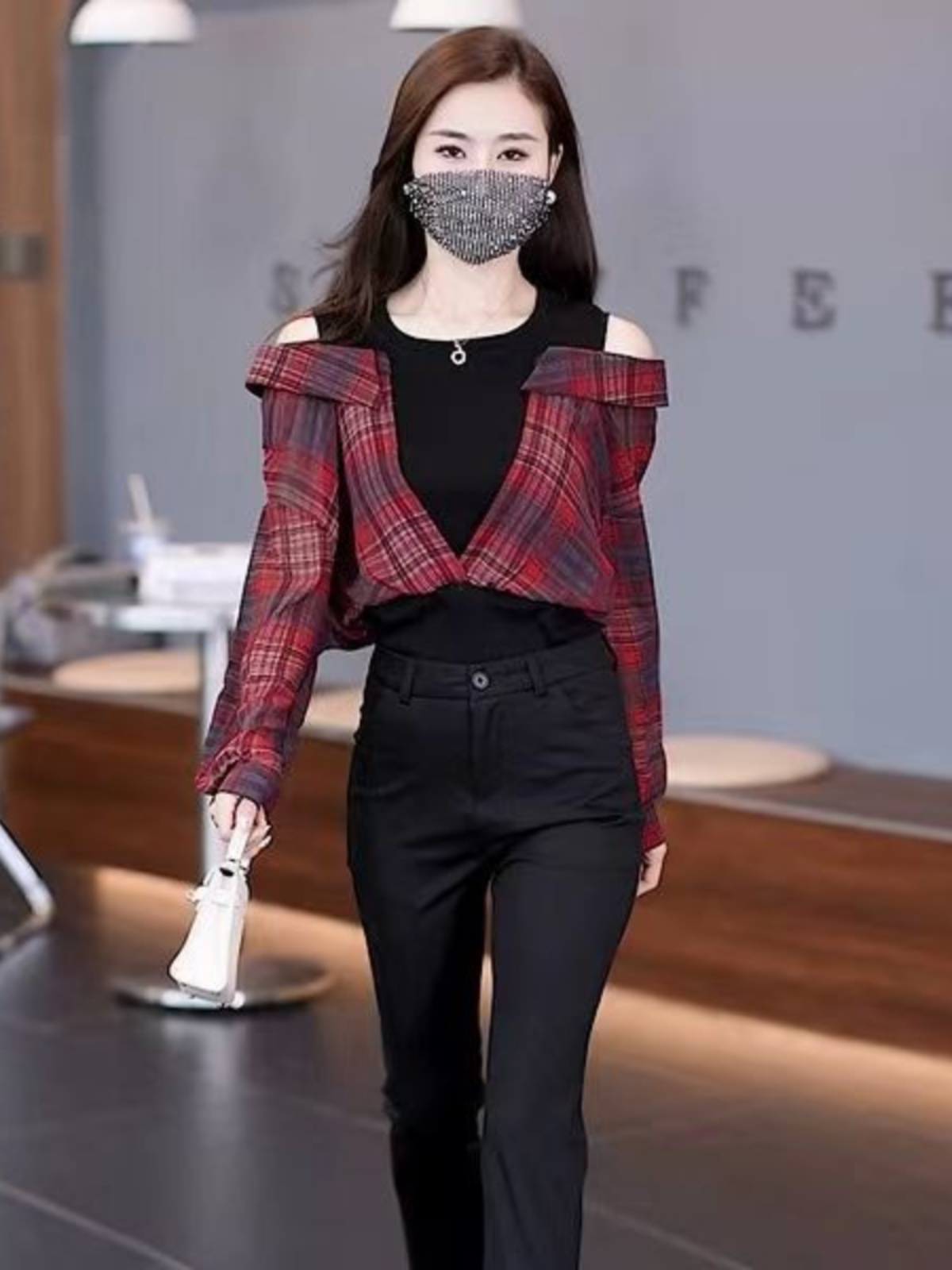 柄シャツ 肩開きデザイン チェック柄シャツ