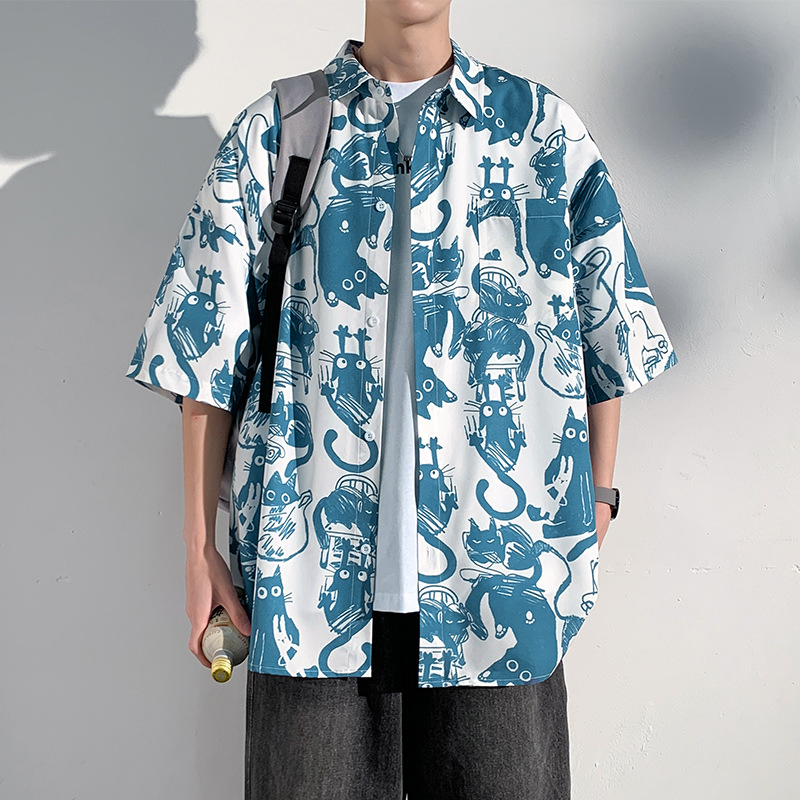 柄シャツ 和風妖怪総柄プリント開襟五分袖シャツ