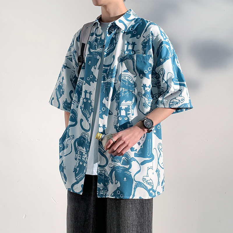 柄シャツ 和風妖怪総柄プリント開襟五分袖シャツ