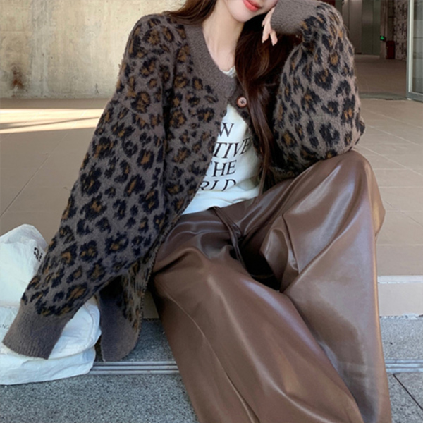 ヒョウ柄シャツ カーディガン ニット ボリューム袖 グレー