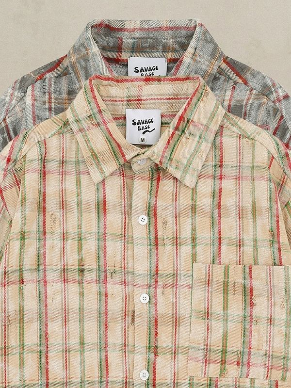 柄シャツ ダメージ加工チェック柄長袖シャツ男女兼用