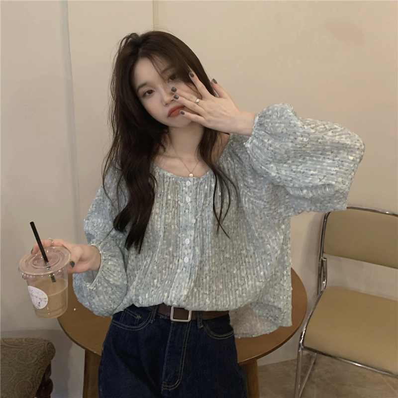 韓国風花柄シャツ長袖ブラウス上品ラウンドネック