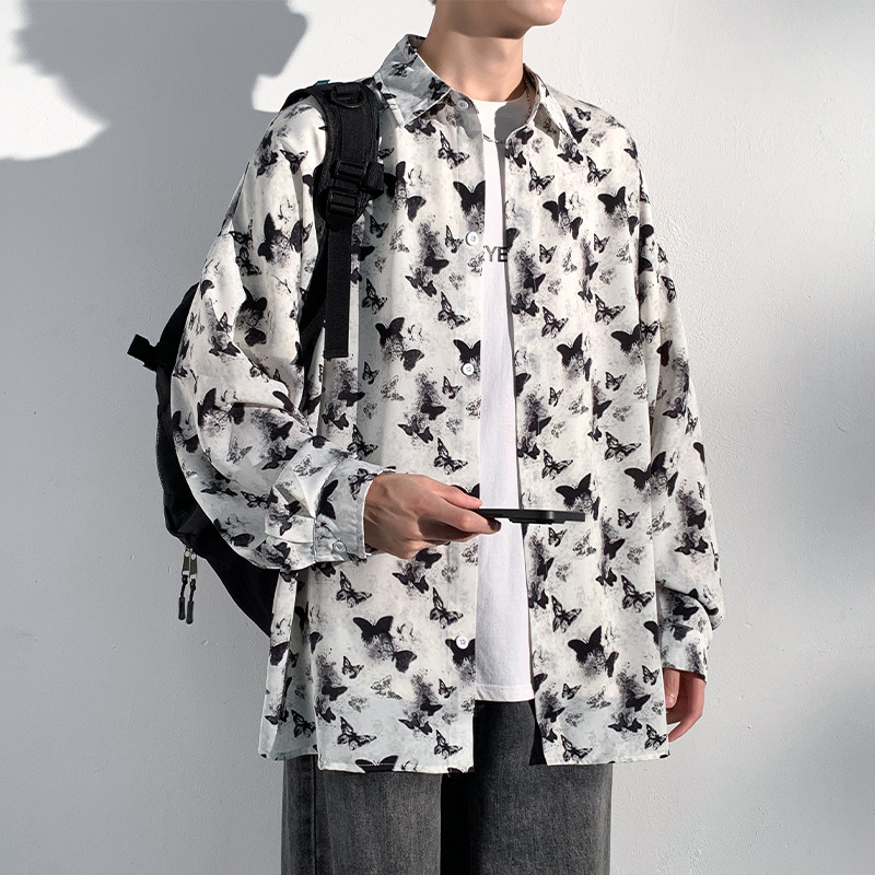 柄シャツ 蝶々舞う総柄長袖開襟シャツ