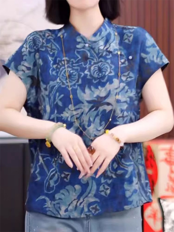 柄シャツ 優雅な薔薇模様スタンドカラーシャツ