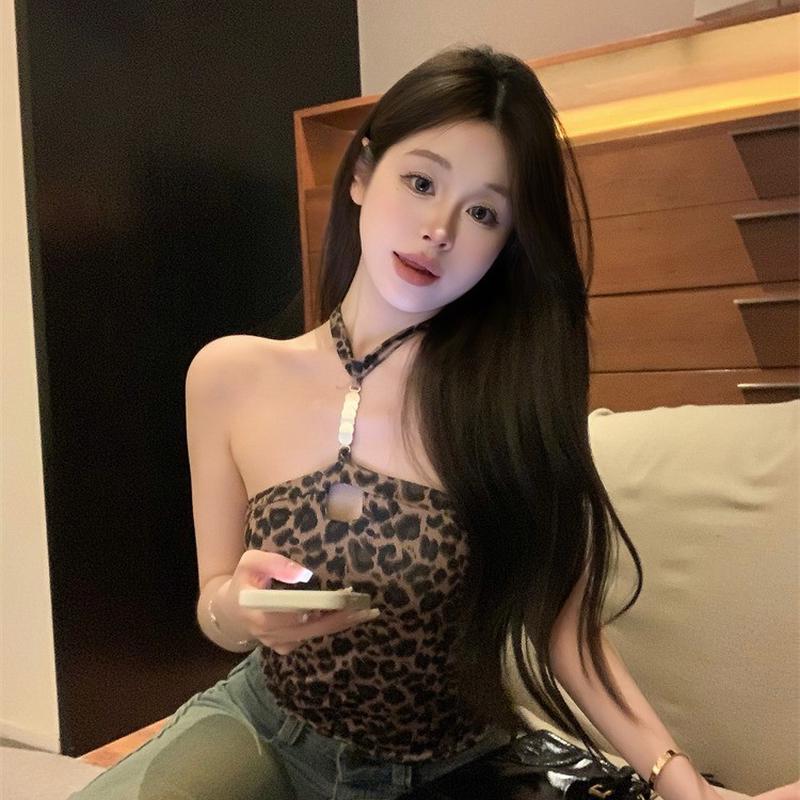 柄シャツ 野性美ホルターネックヒョウ柄キャミソール
