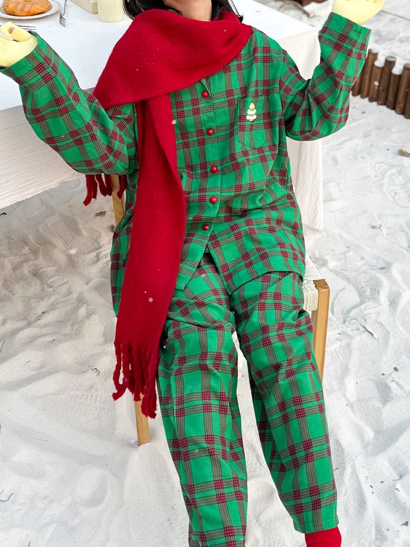 柄シャツ 柄シャツ クリスマスツリー刺繍チェック柄パジャマ