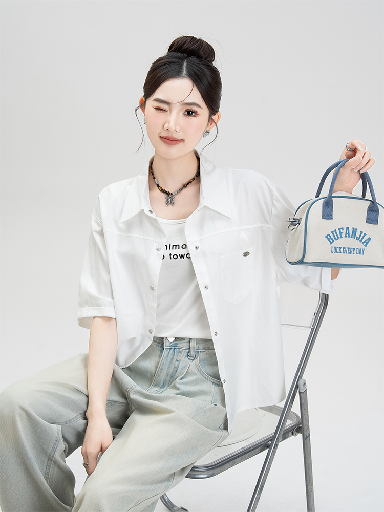 柄シャツ シンプル五分袖ベーシックシャツ