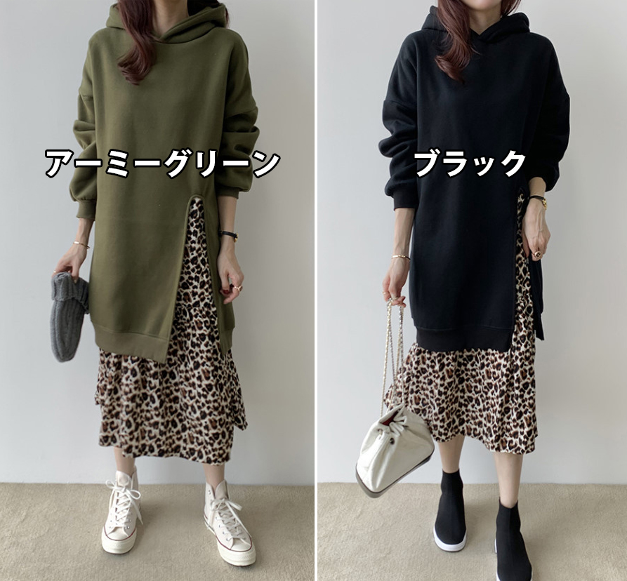 重ね着風ヒョウ柄シャツワンピース裏起毛